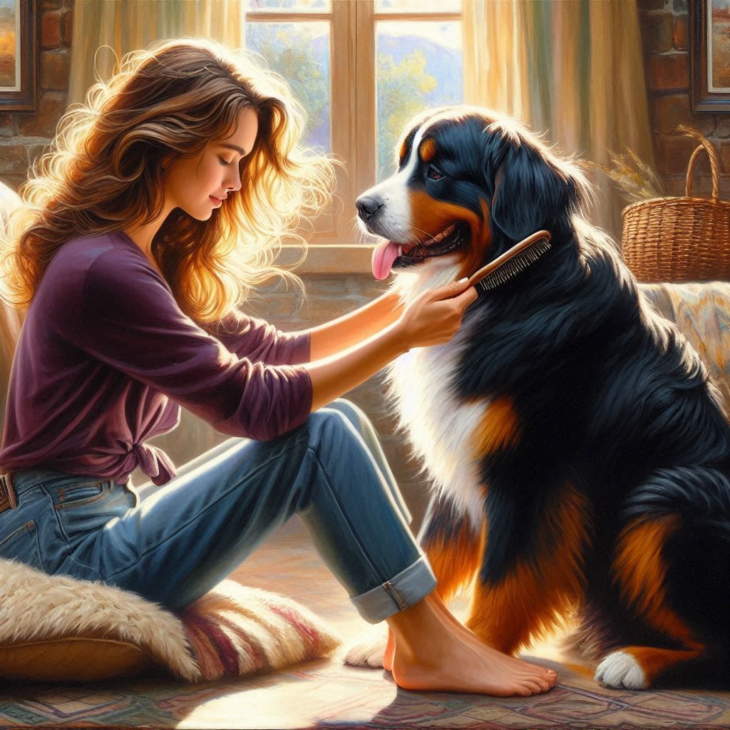 Woman brushing her dog.