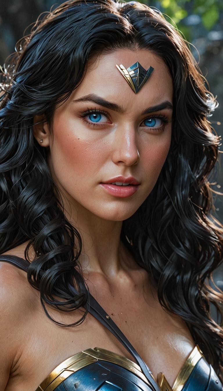 Wonder Woman, Stark Blue eyes, lush black hair, slight curls, Beautiful ...