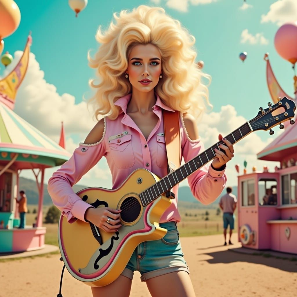 <lora:Sugar Rush:1.0> hyperrealism, retrofuturism, pastel, chrome, a beautiful country western singer with huge bouffant hair, wearing cowbo...