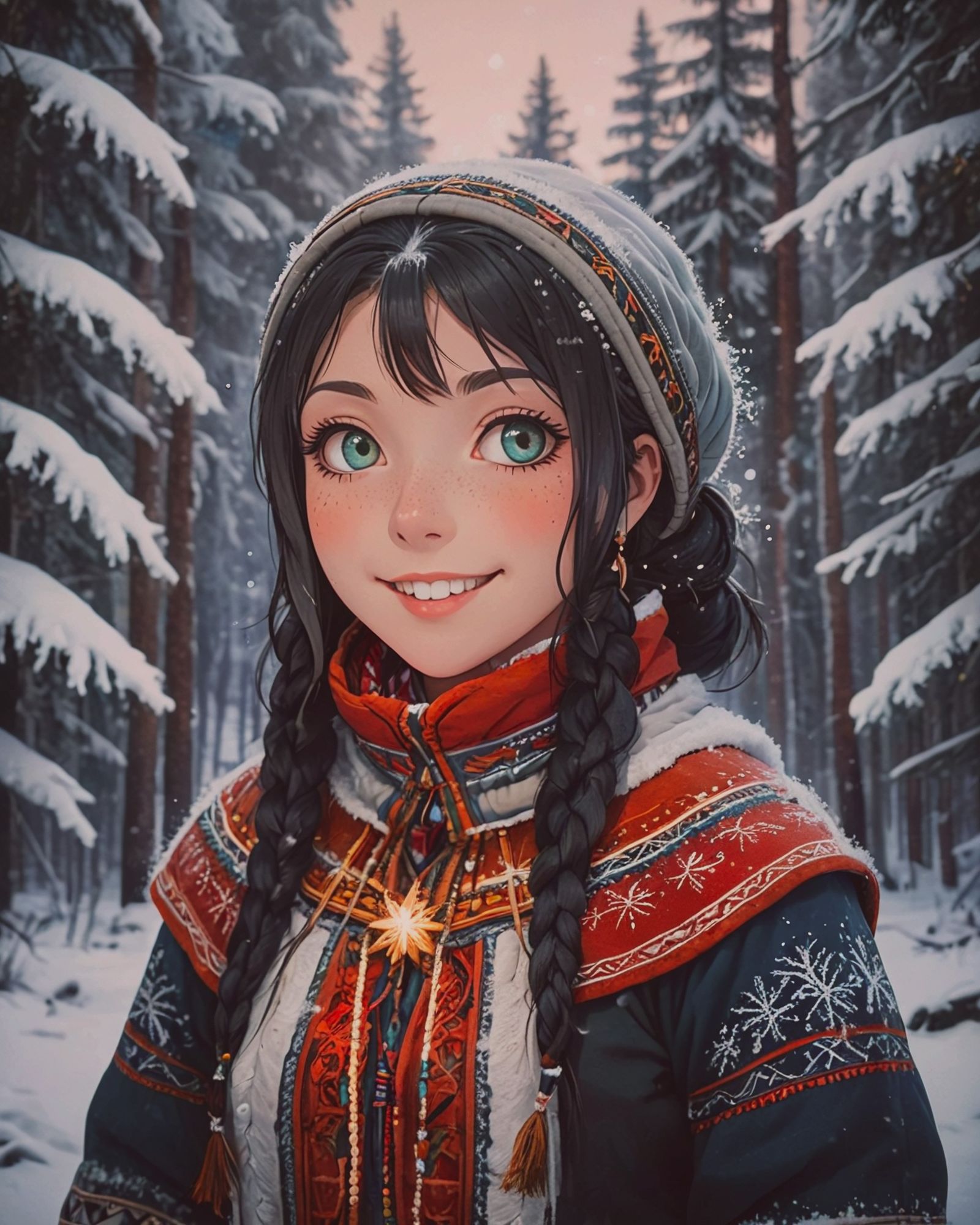 Indigenous Sapmi Girl in Winter Forest