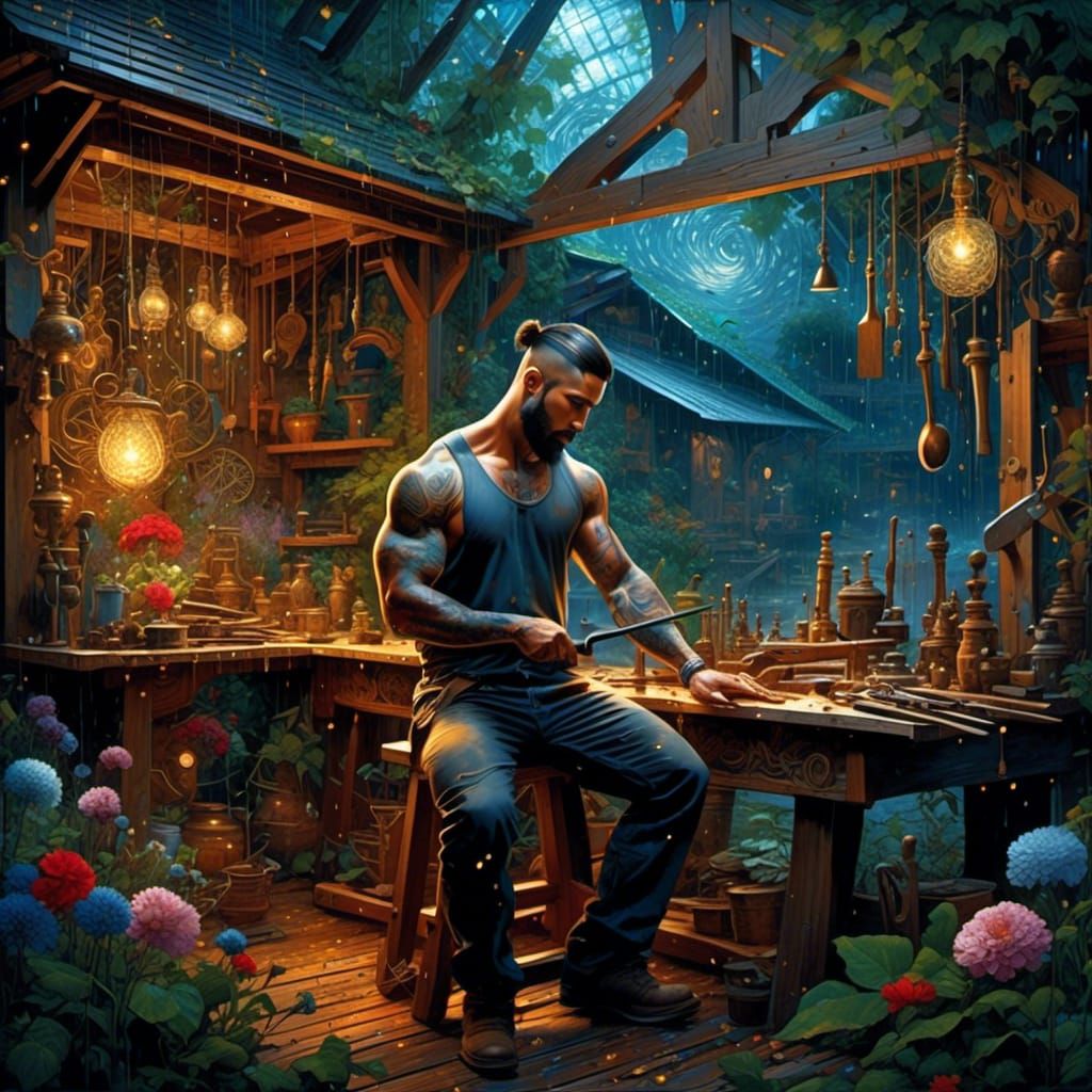 <lora:Shs_Kenyas Chaos:1.0> An stunning handsome ripped tattooed male carpenter stands in a magic garden, making a Beautiful intricately det...