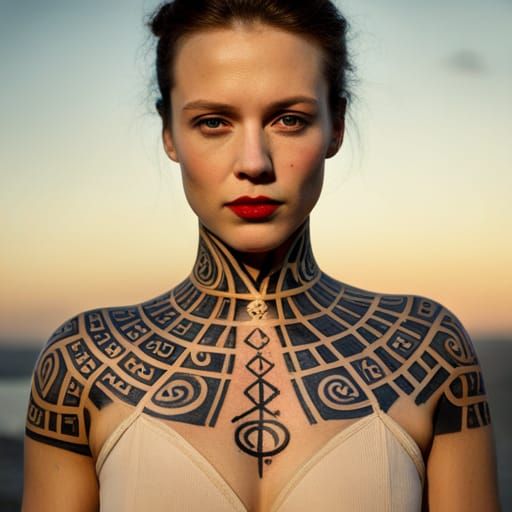 Proud woman tattooed with the glyphs of eternity