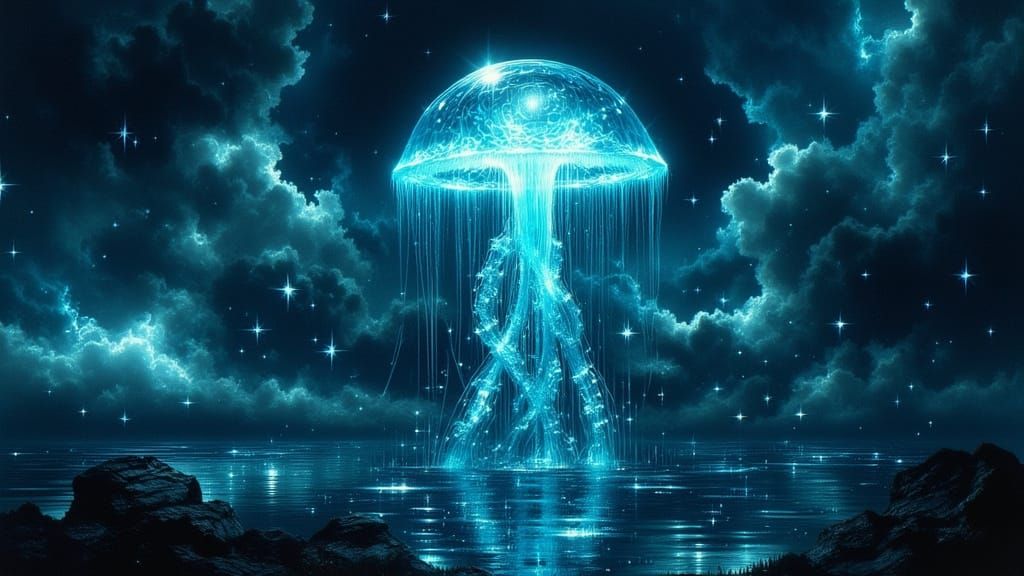  a colossal, bioluminescent jellyfish floating   by @The Carlyle