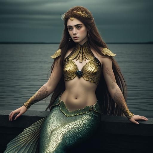 mermaid with long brown hair and golden scales.