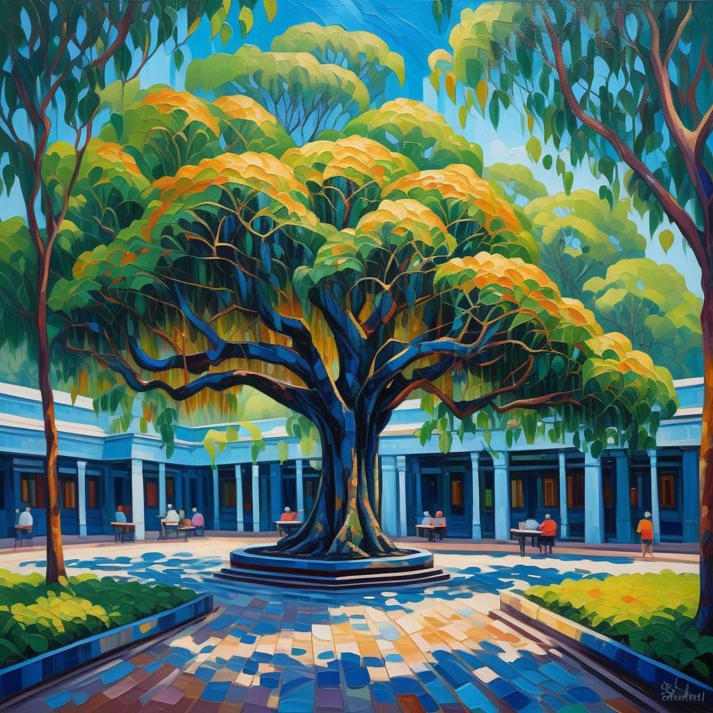 A cluster of banyan trees outside a library on a warm summer...