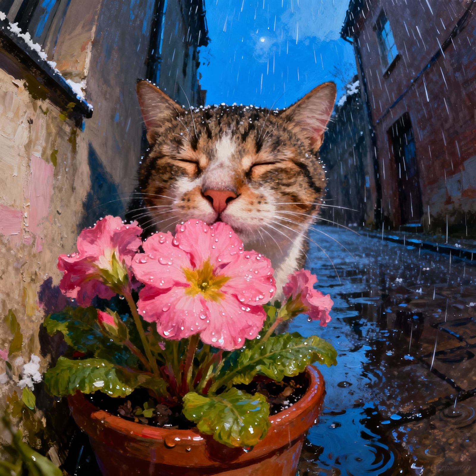Cat Sniffing Flower in Wet Alley Oil Paint Style
