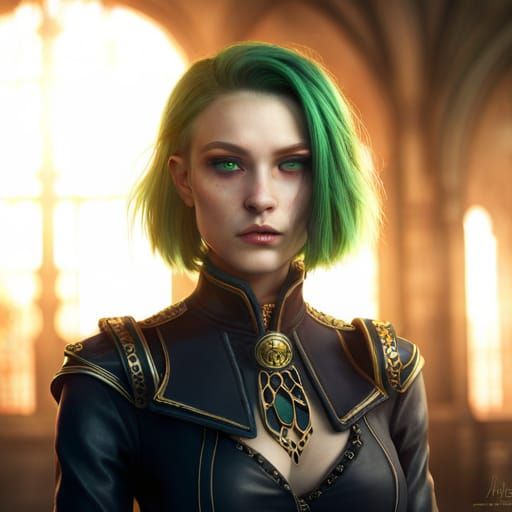 Portrait of anine girl with green hair, yellow eyes, wearing gothic ...