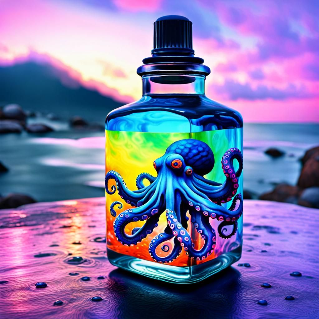 indelible ink bottle, octopus sitting  on top of the lid, ps...