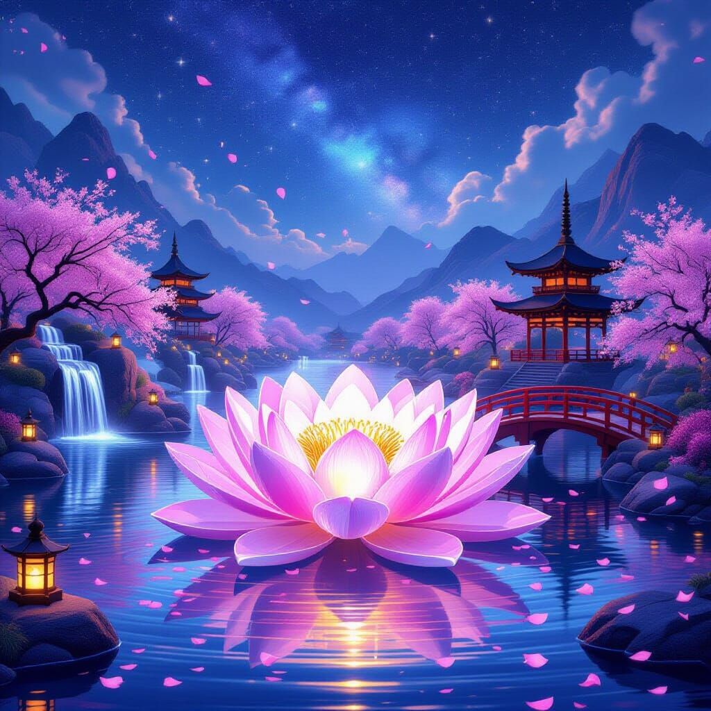 A breathtaking fantasy scene of a glowing crystal lotus floating on a serene lake under a starlit sky. Within the lotus petals lies a mystic...