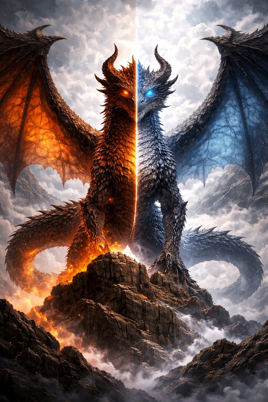 an image of an ancient colossal dragon that has heterochromia