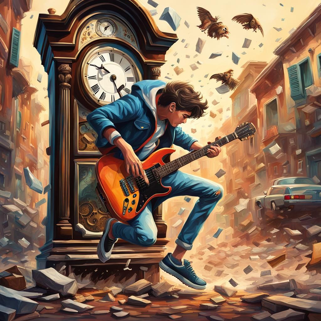 A teenage guy wearing cool clothes is jumping out of a broke...