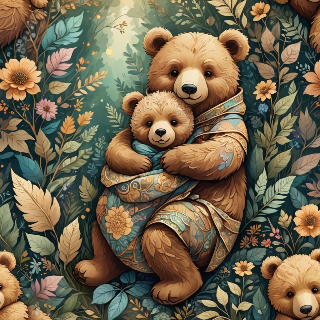 Teddy Bear Cuddles Child: Whimsical Fantasy Illustration