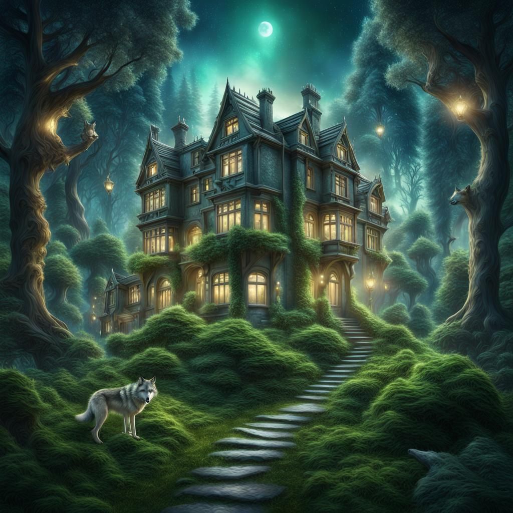 House enchanted  green forest surrounded by beautiful grey w...