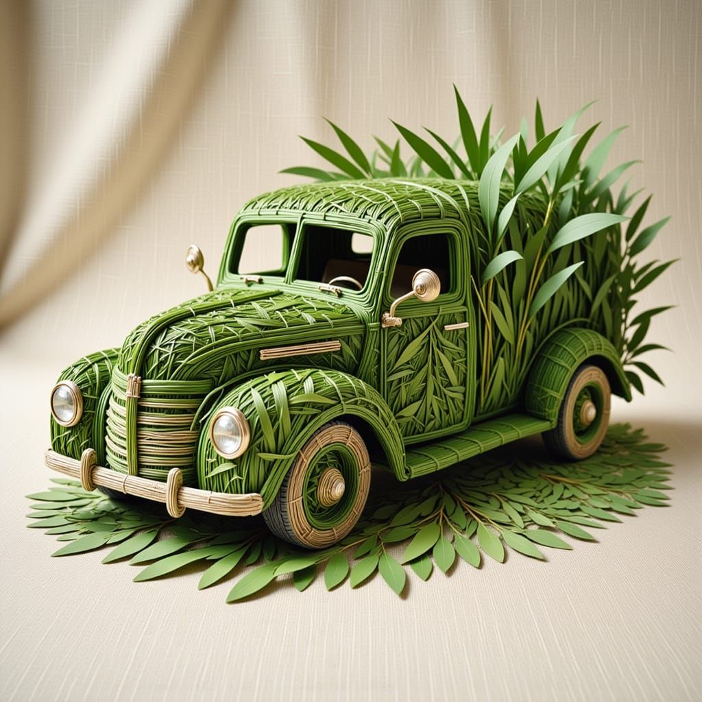 <lora:flax:1.0> toy retro truck crafted from green stems and leaves of various grasses