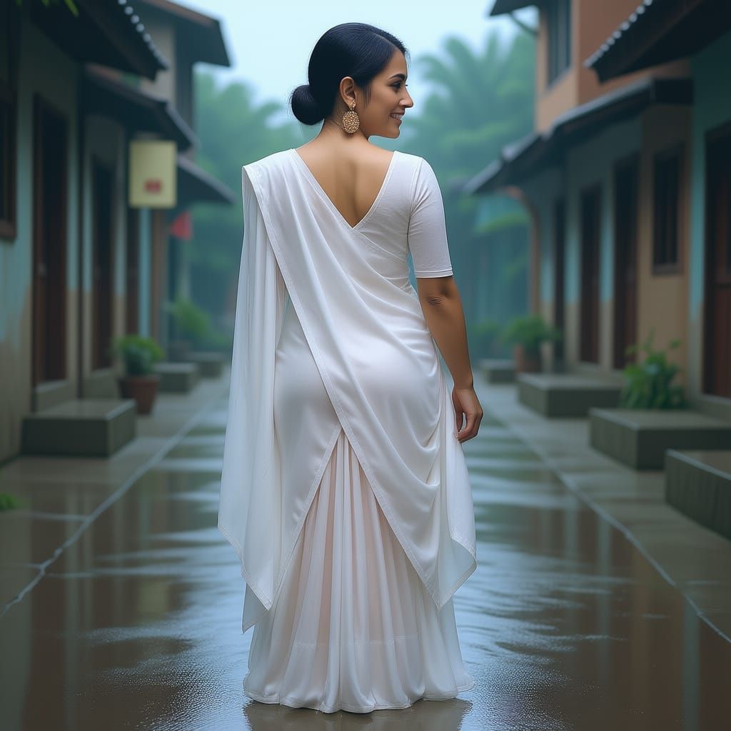 A photorealistic image of a woman model standing gracefully in the rain on a village street. She wears a light yellow vintage cotton saree a...