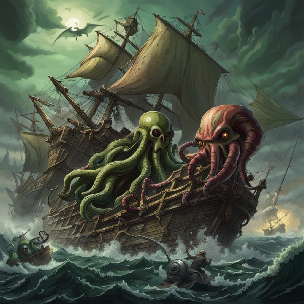 (Giant Cthulhu) attacks (galleon), (pirate theme), - AI Generated ...