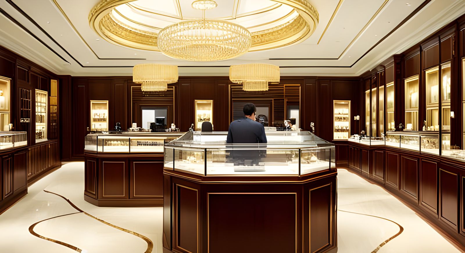 intricate design people inside a jewellery store, gold, diam...