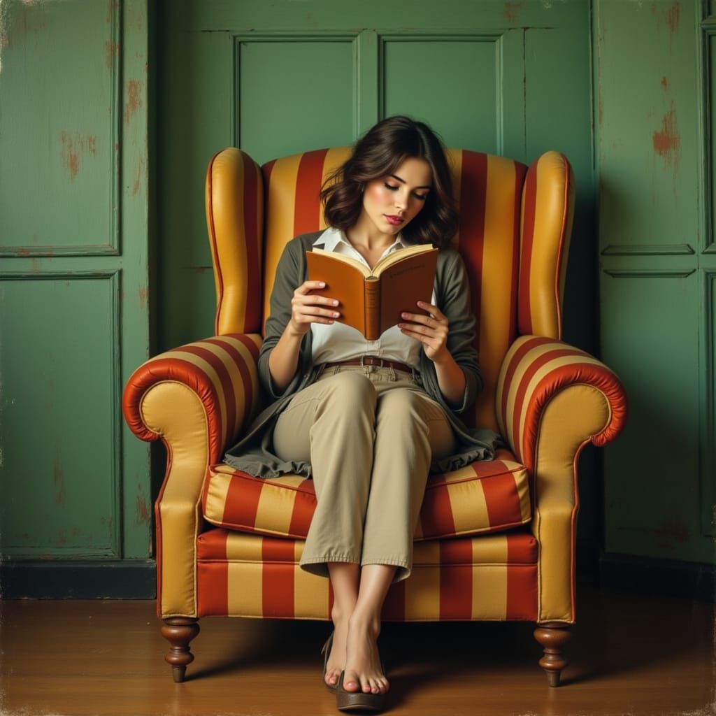 Woman Reading in Striped Armchair, Oil Painting Style