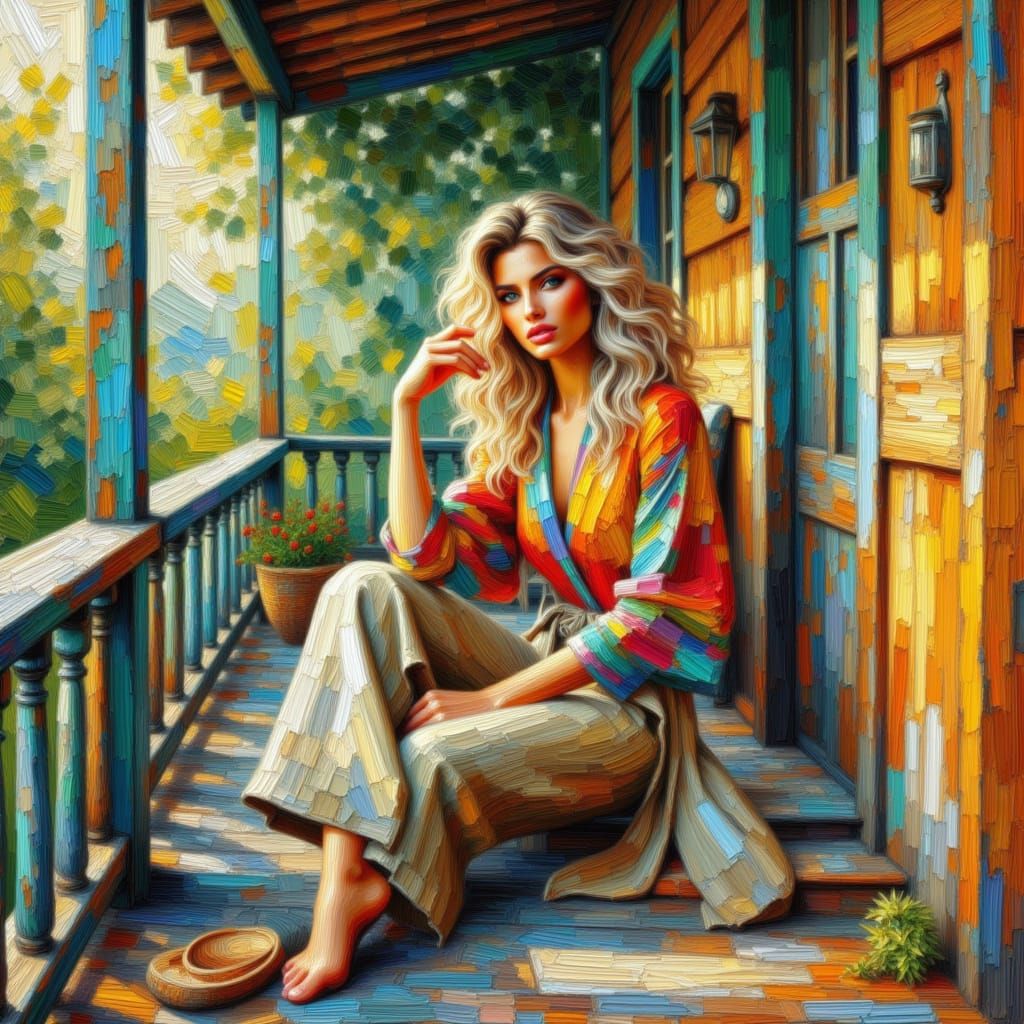 <lora:Craquelure Paint:1.0> a stunning woman with thick blond hair, wearing loose-fitting trousers and a vibrantly coloured blouse, sitting ...