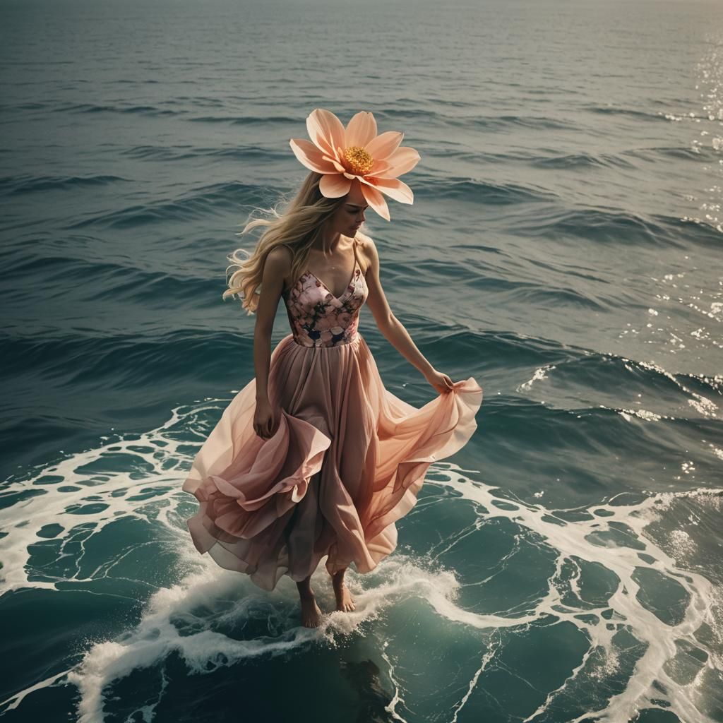 Woman in Flower Dress Floating on Ocean