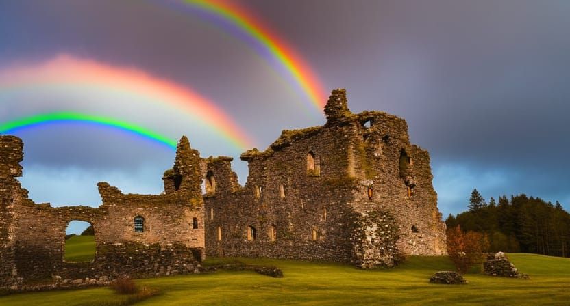 Elegant Rainbow over Ruins of a medieval Scottish castle nes...