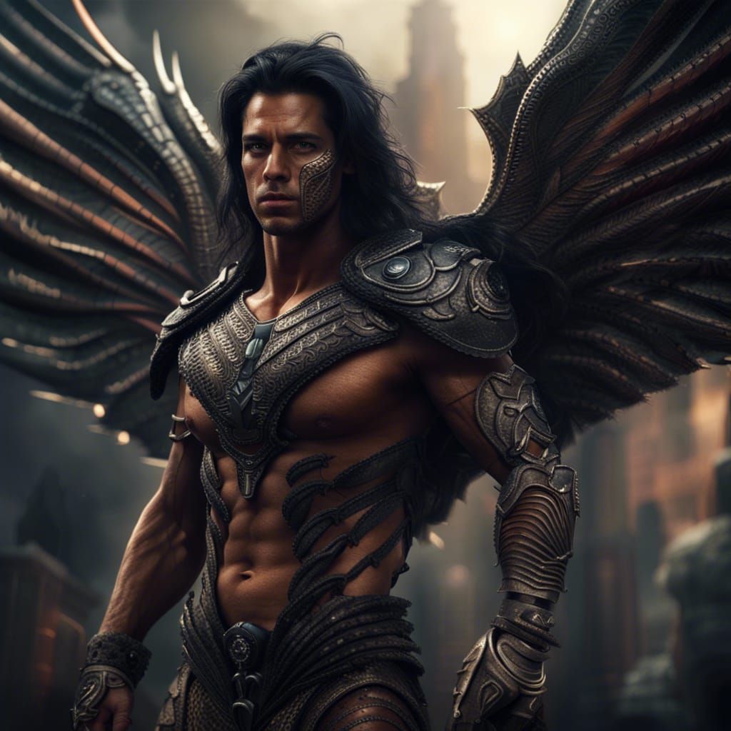 Handsome, muscular, winged alien warrior, humanoid, scaly tanned skin ...