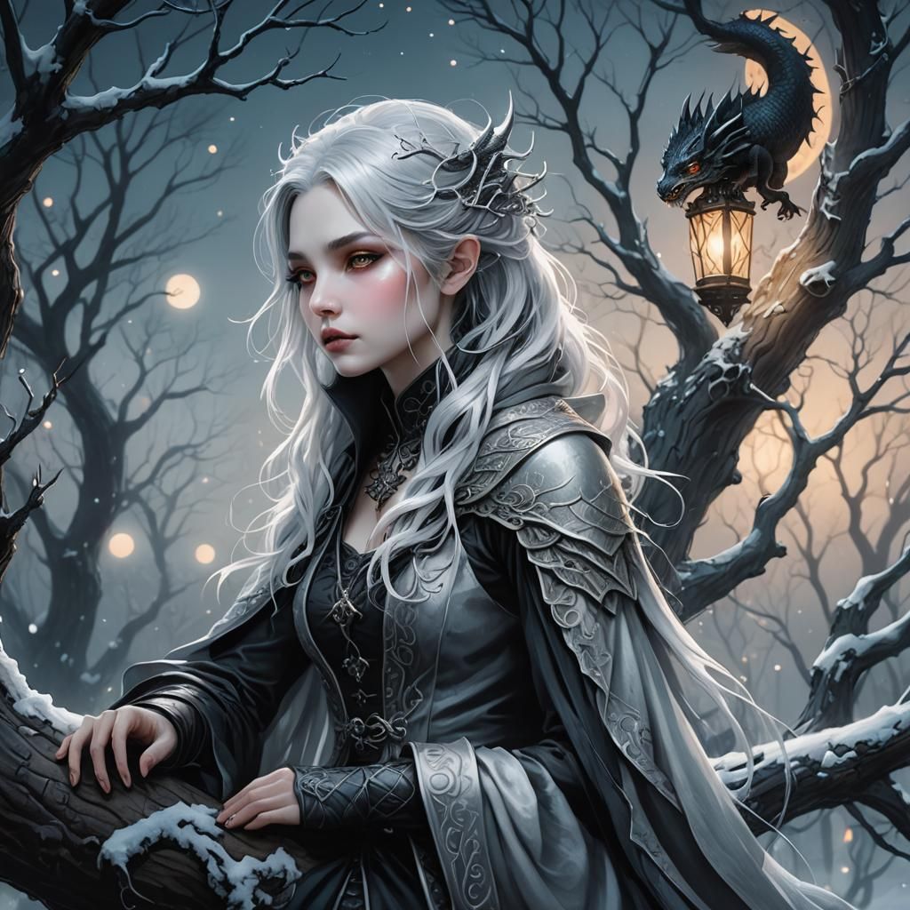 Girl with Dragon in Winter Wonderland, Watercolor Style