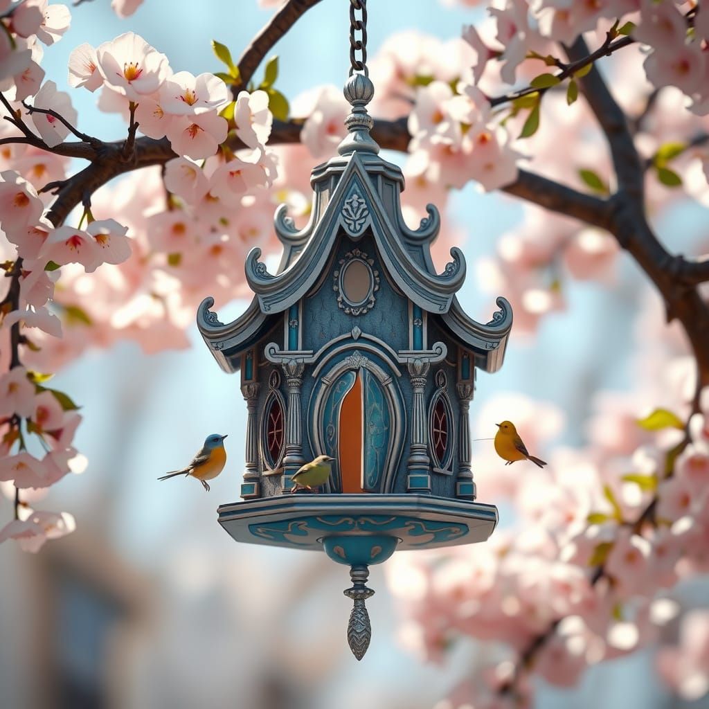 A whimsical birdhouse shaped like a miniature Draenei temple hangs from a blossoming cherry tree, its ...  by @undefined