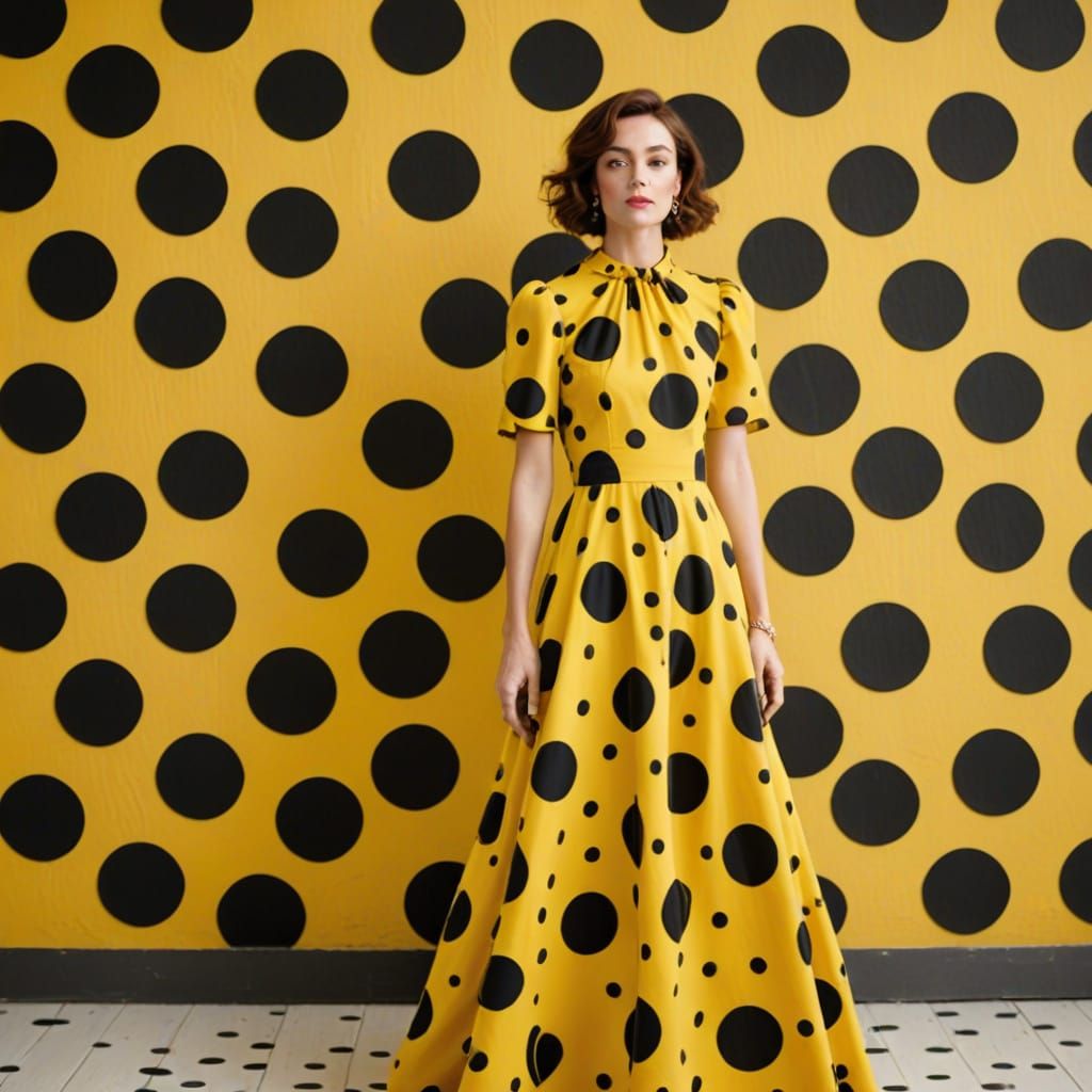 A woman in a long yellow dress with large black polka dots   by @Lola Ice