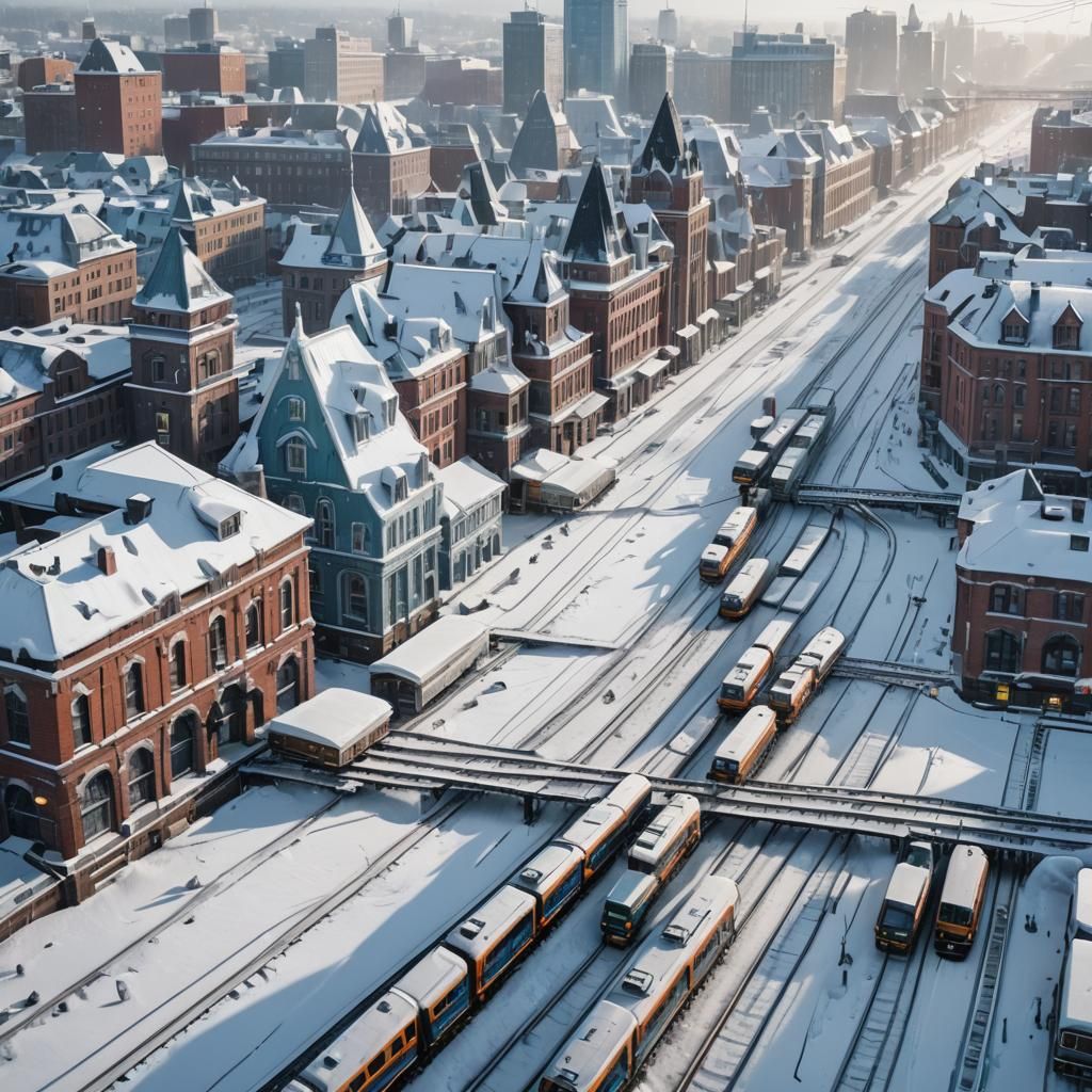 Snowy city with ice trains and frozen buildings