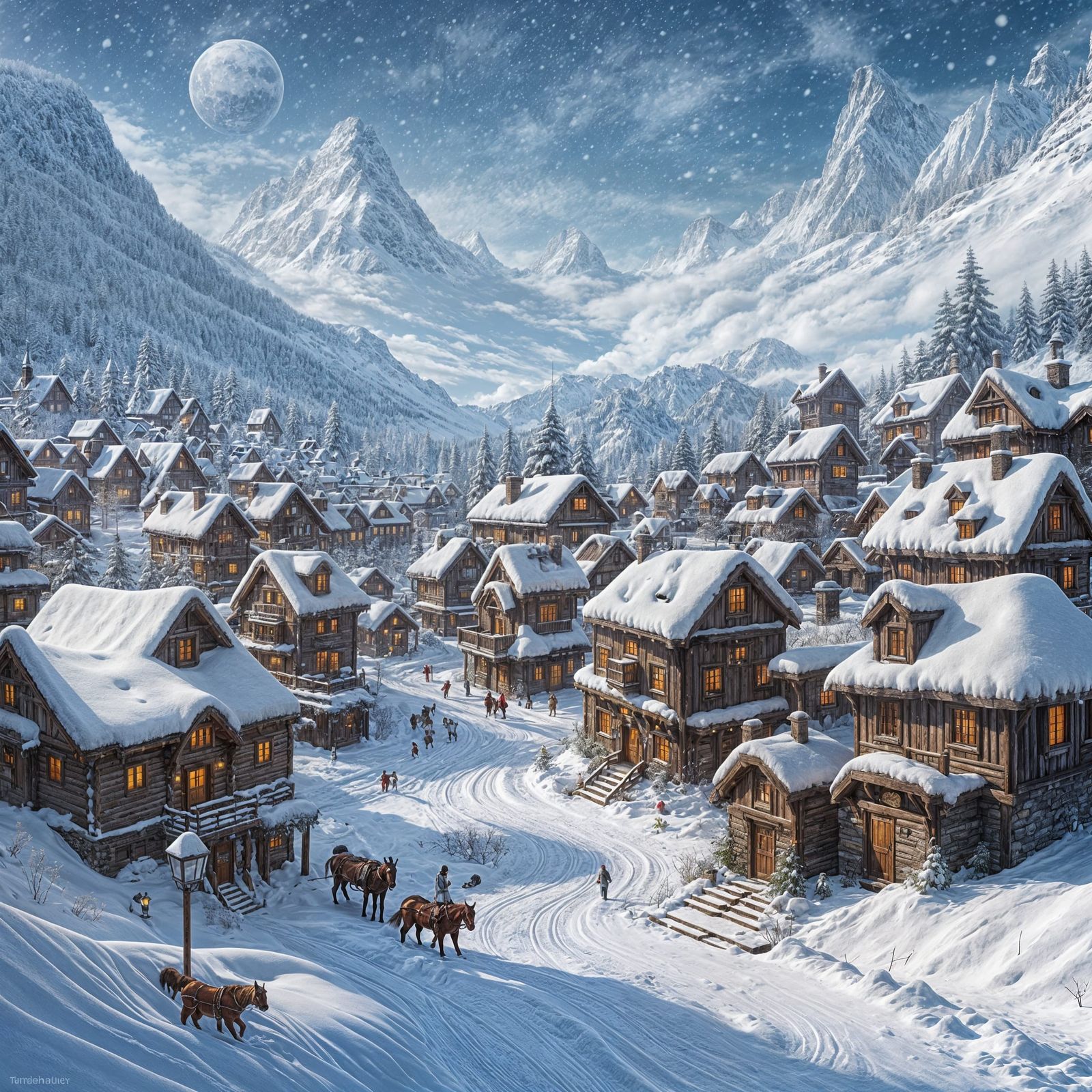Ethereal Fantasy Snow Village in Winter