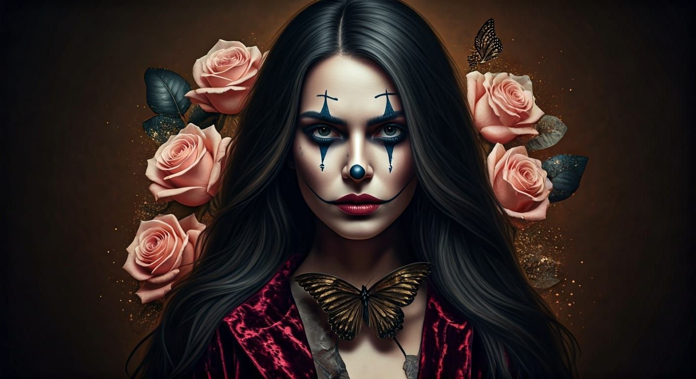 Woman with Clown Makeup, Roses and Butterflies - AI Art