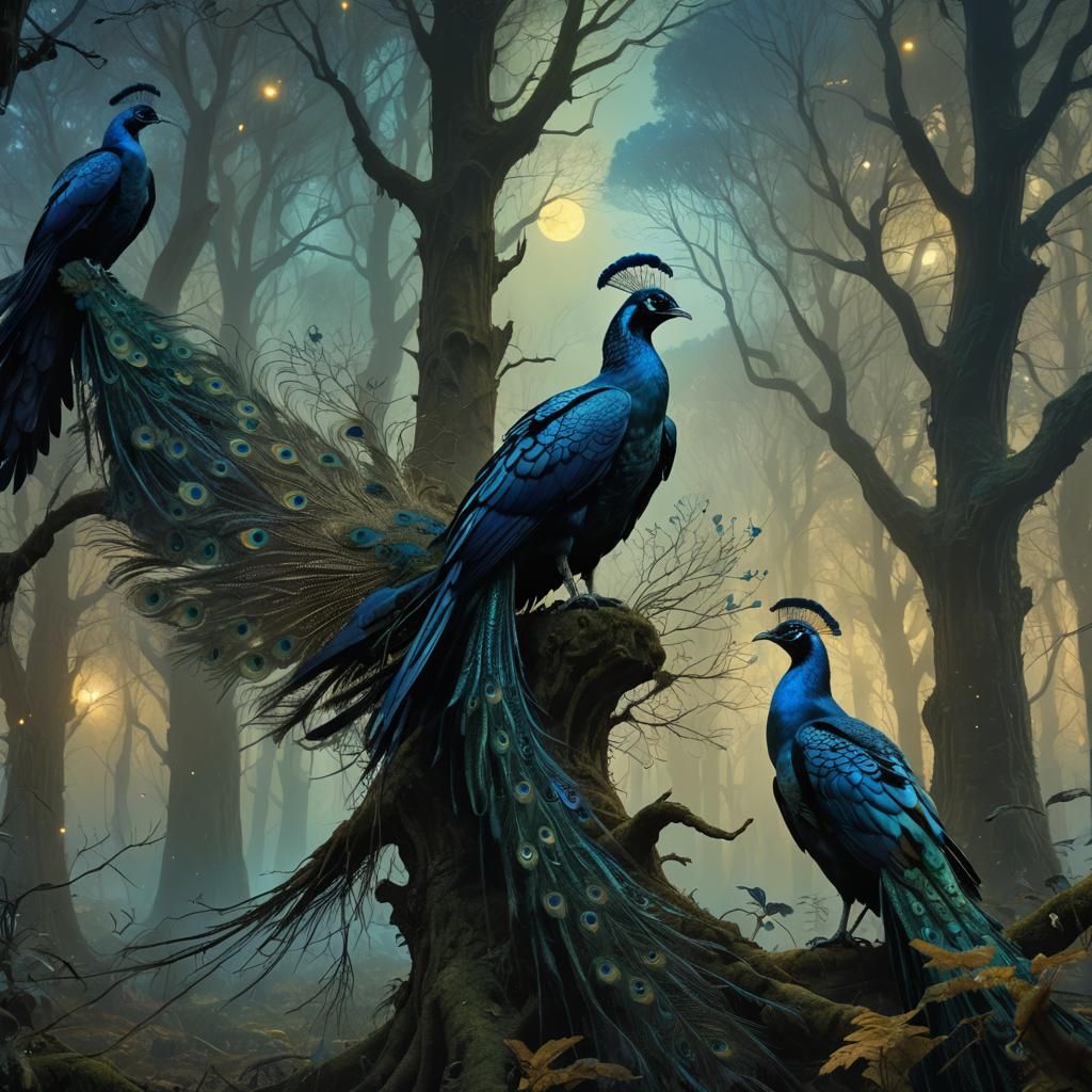 Ravens and Peacocks Clash in Mystical Forest