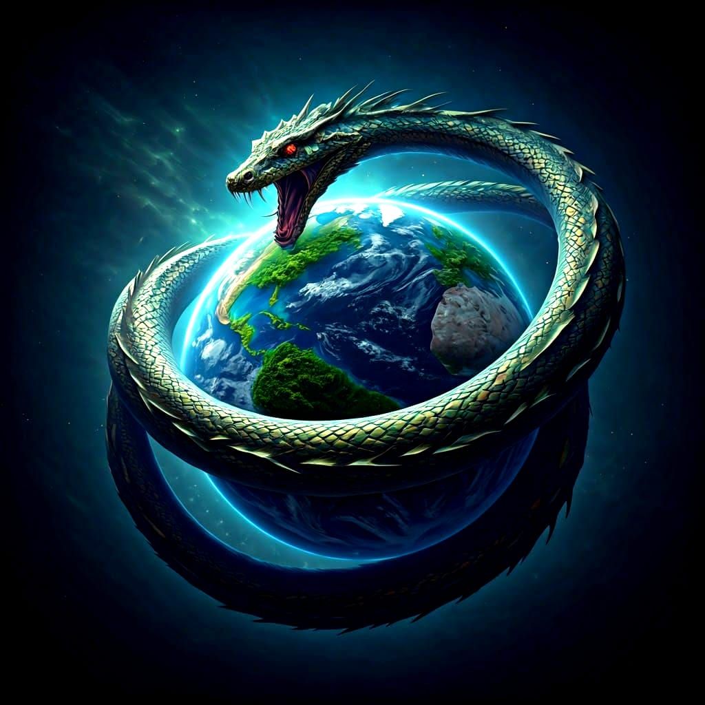 Jormungandr, the world surrounding serpent of Norse mythology, encircling the earth, eating it's own tail. Infinity. Mythological. Fantasy-a...