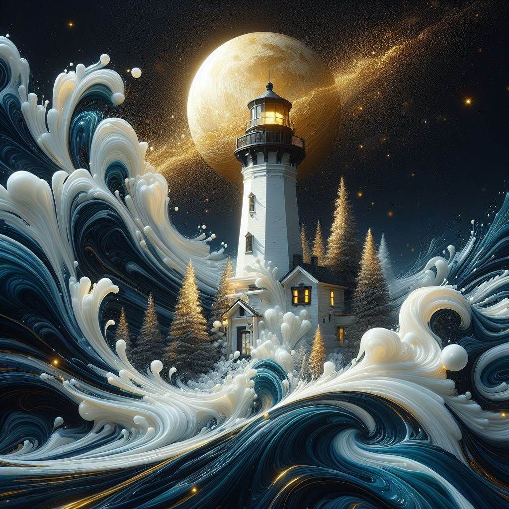 Surreal Lighthouse Under a Golden Moon