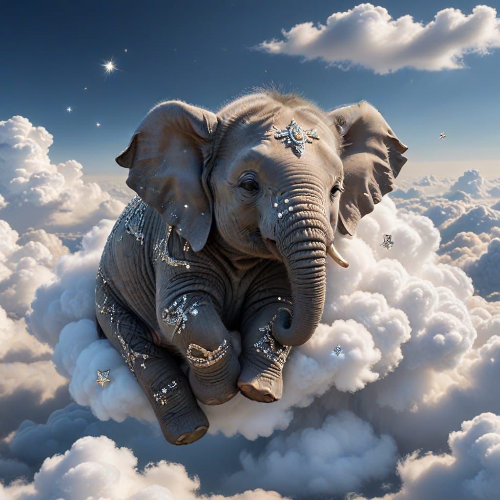 Gorgeous and unforgettable, a sleeping baby elephant elegantly above the clouds. Which is decorated with ...  by @Shadowbird