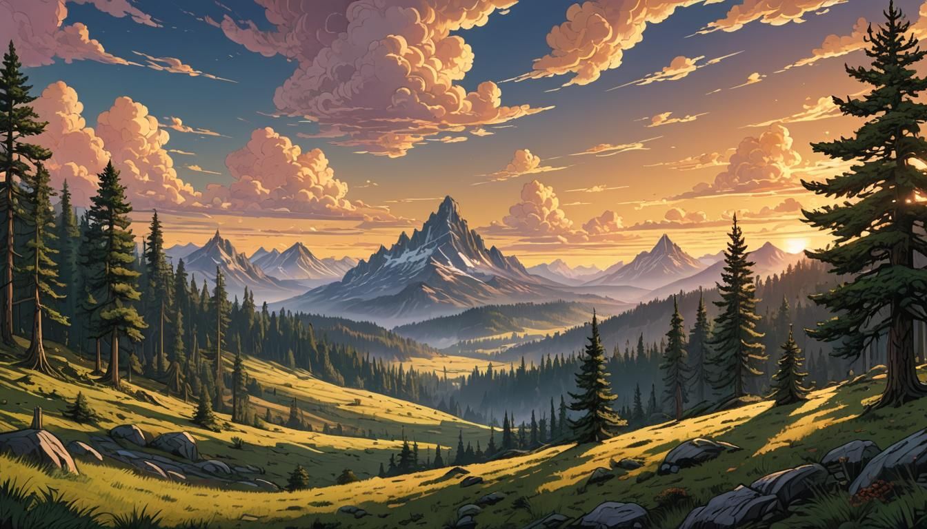 pine forest, meadow, sunset  by @Koutsis