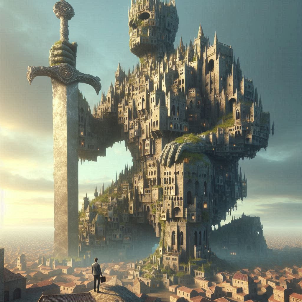 distant figure in city looking at castle structure built ato...