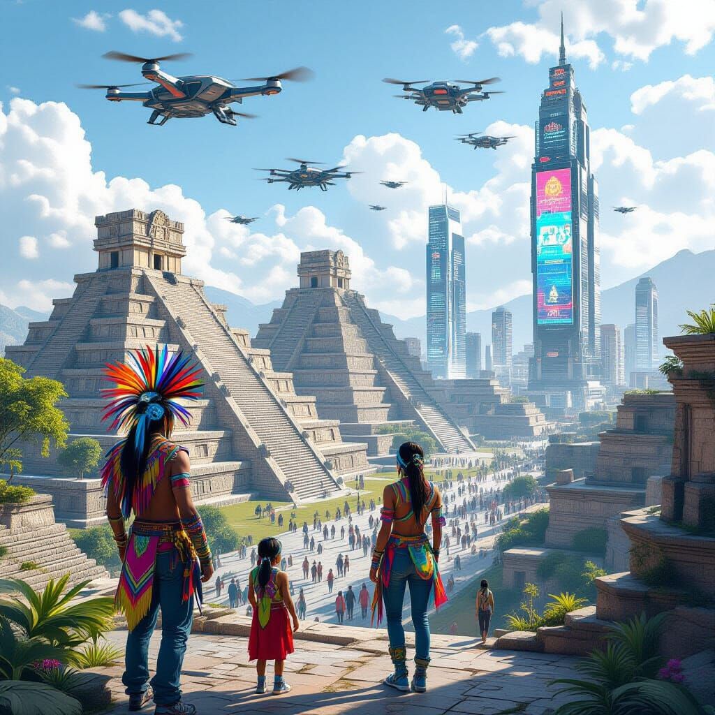 Mayan city in a futuristic style with modern era technology, conservation of ancient structures. citizens ...  by @Jose