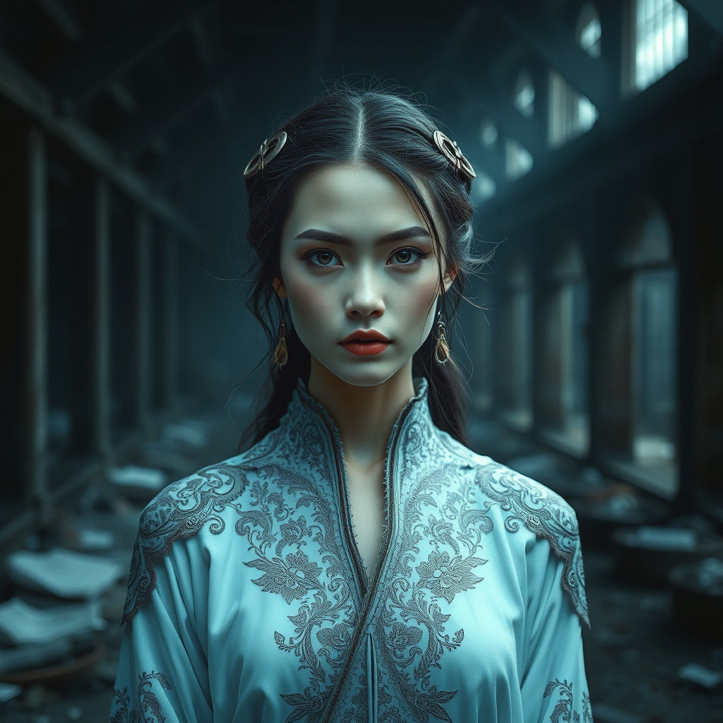 Eerie Woman in Abandoned Landscape: Surreal Art