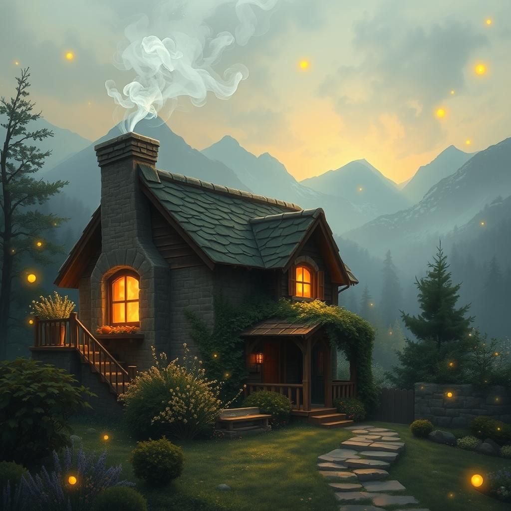 Dreamlike Cottage Scene with Fireflies
