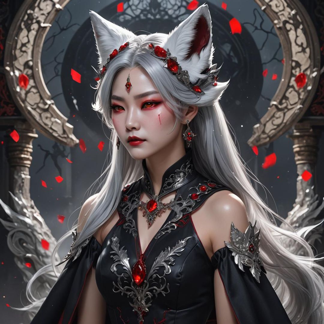 korean lady silver hair black dress red crystals white fox ears vampire