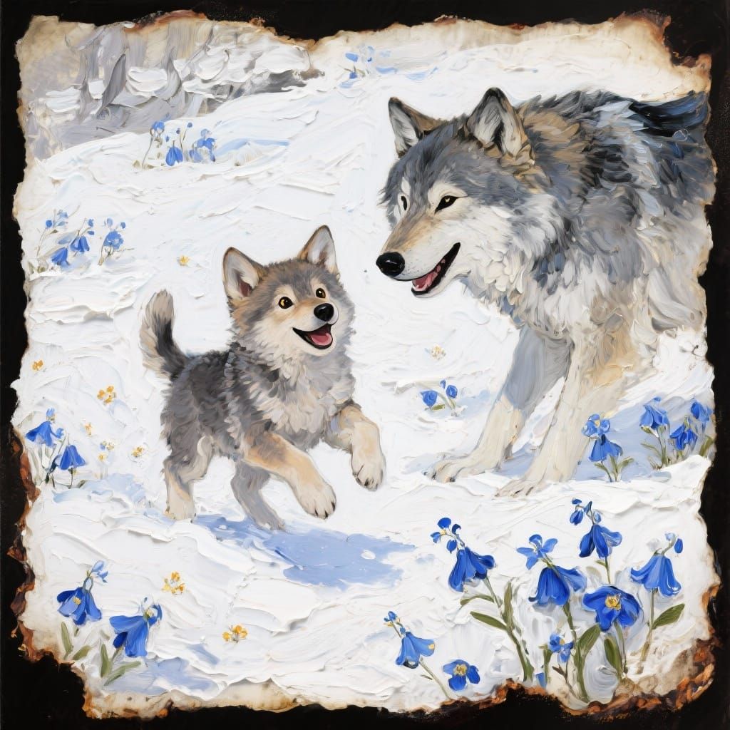 Joyful Wolf Pup in Impasto Snowscape