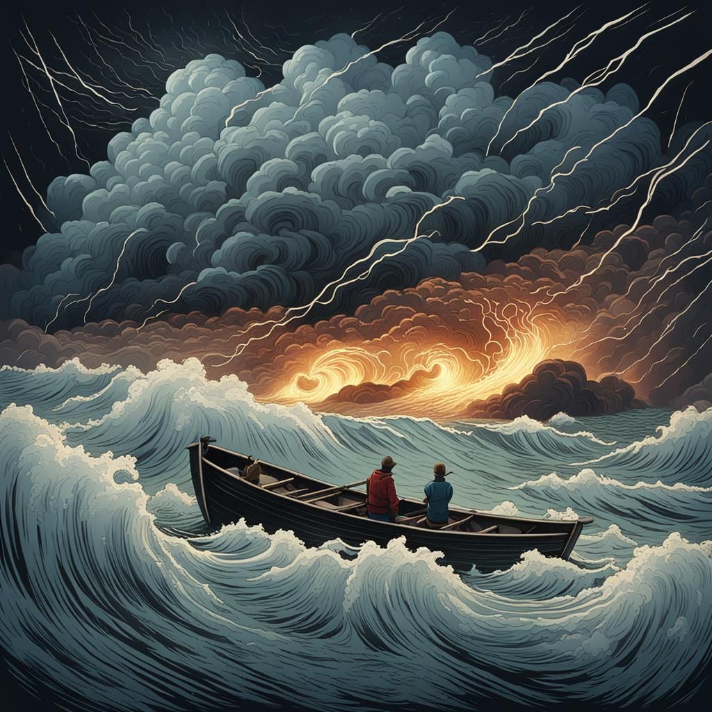 a small row boat traversing a violent storm.  by @vince imer
