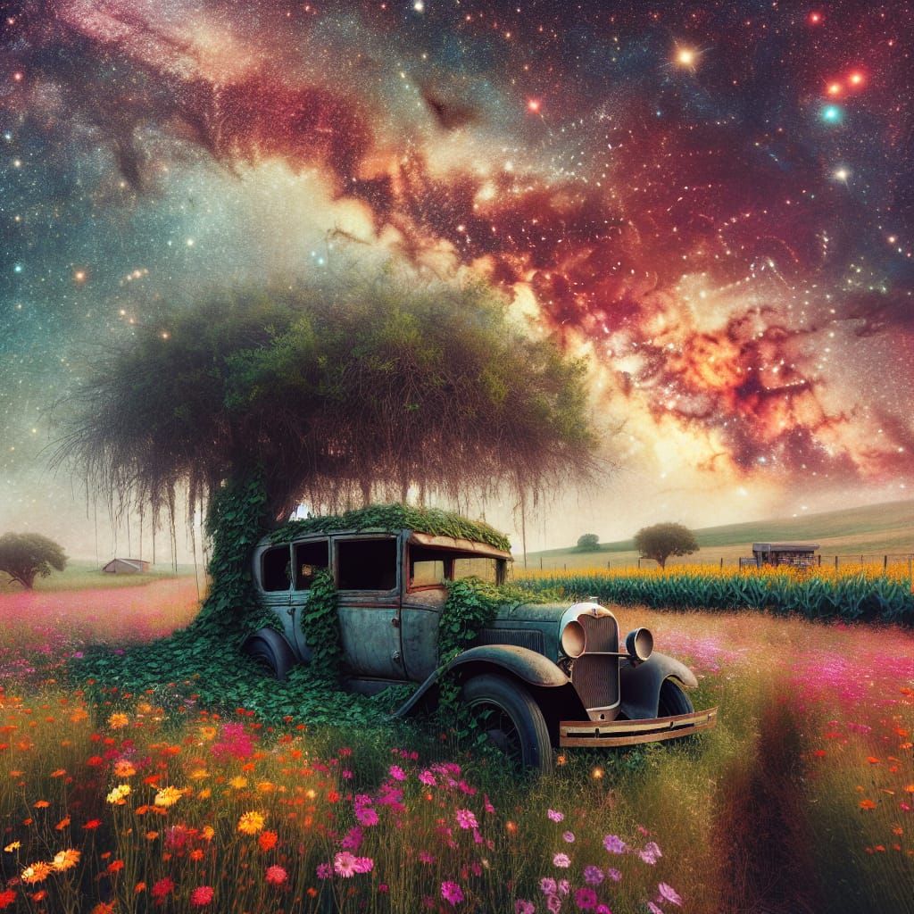 A vintage, abandoned car rests in a field of wildflowers under a sky filled with swirling nebulae and distant galaxies. The car's paint is p...