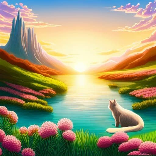 White Cat in a River Paradise