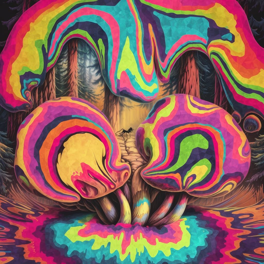 Christmas Psychedelic puffin bird with deer antlers on their head and tinsel 