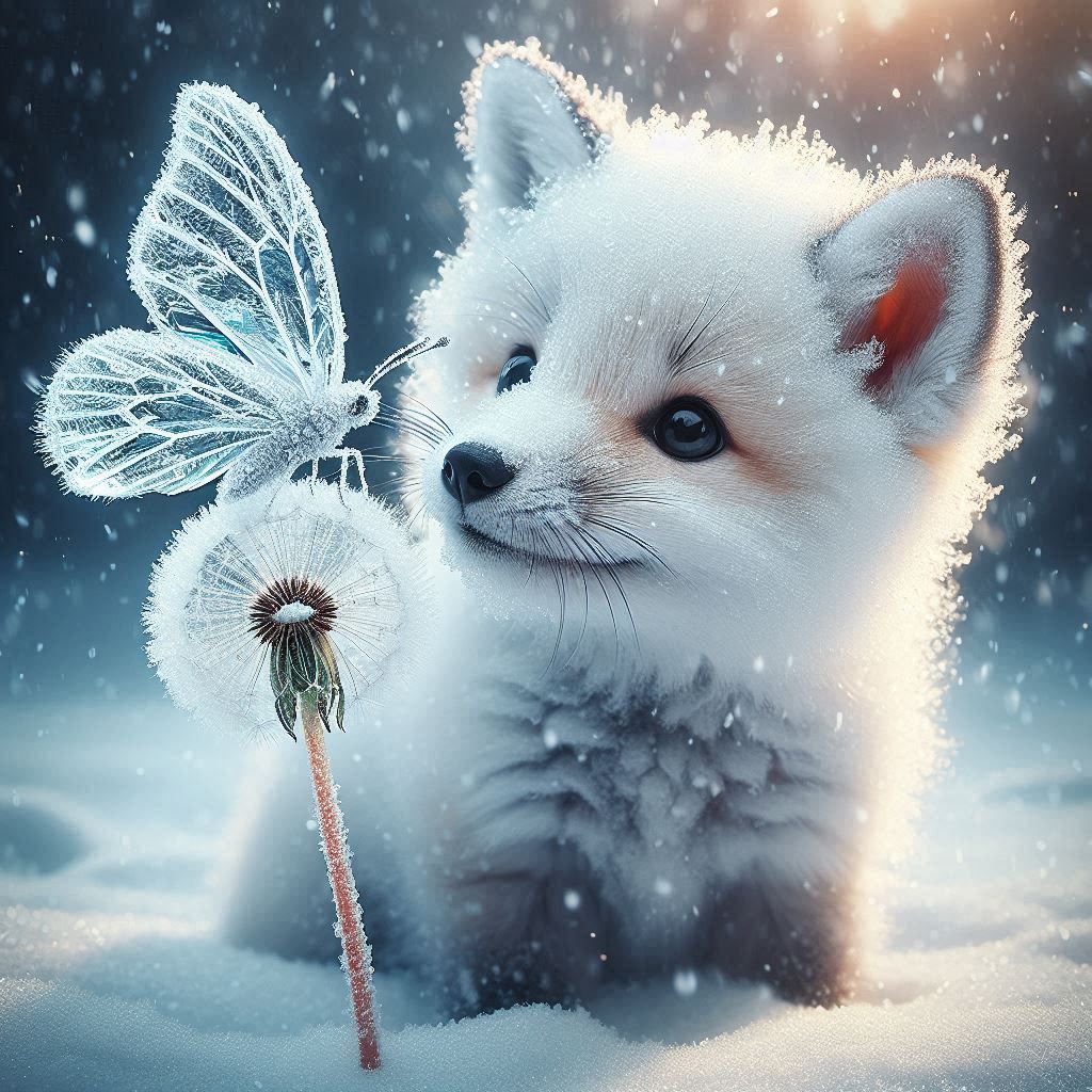 Cute snow fox with frozen butterfly