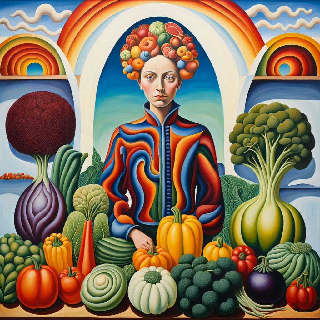 Surreal Woman Surrounded by Fruits and Flowers