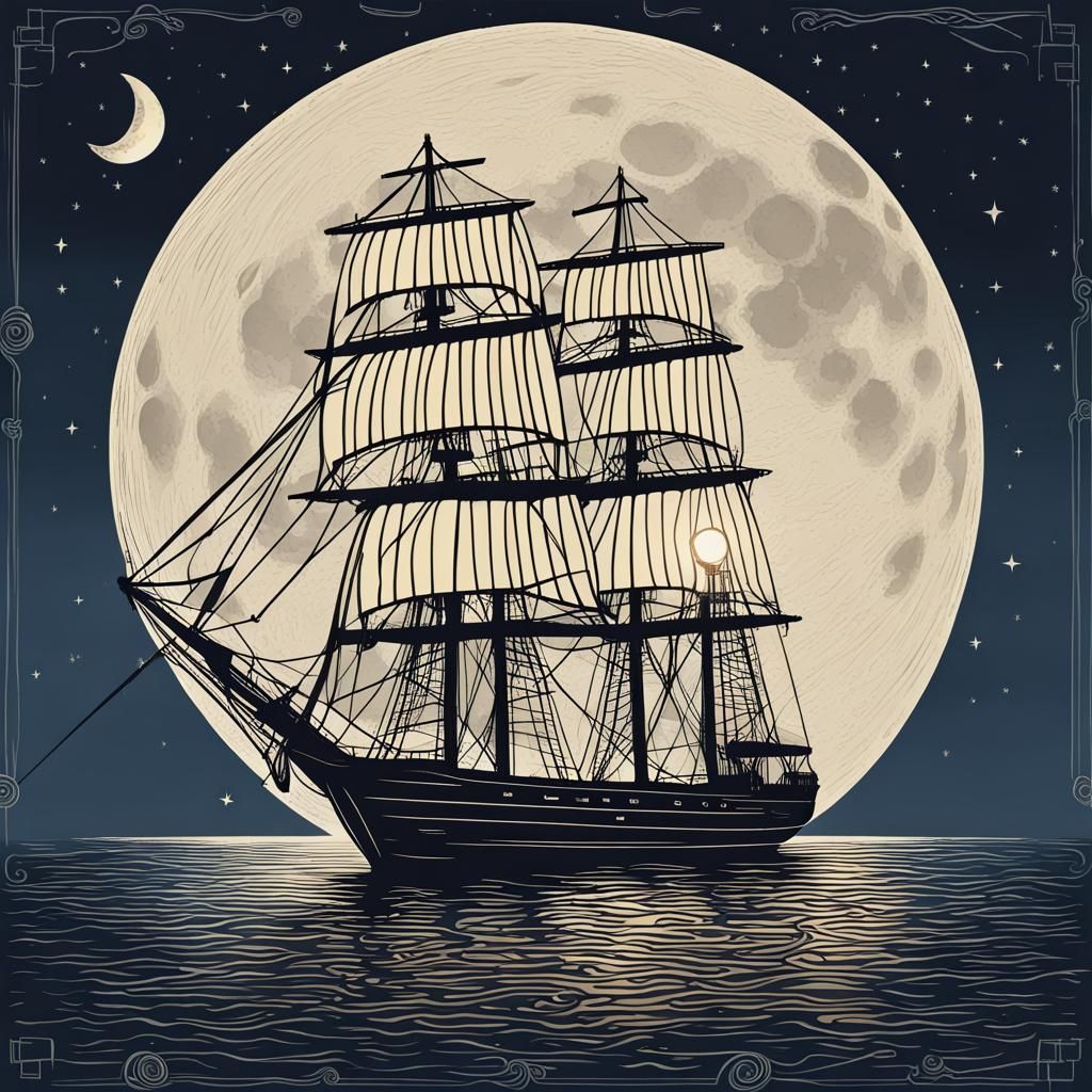 sailing ship illuminated by the moon in the style of